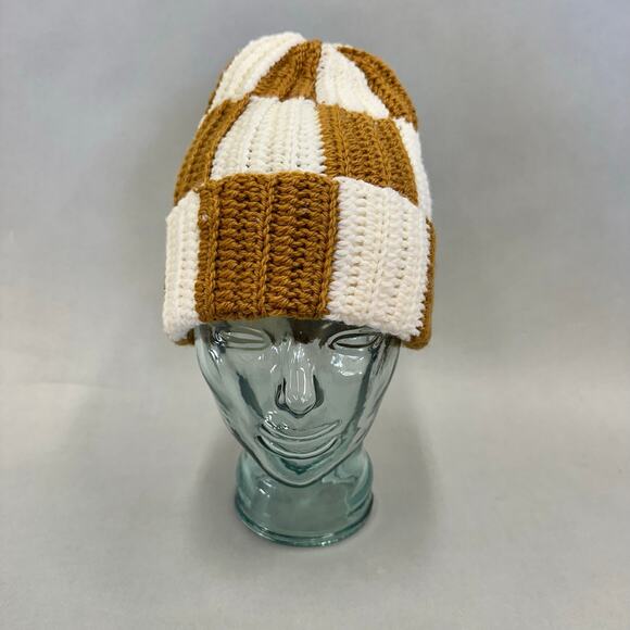 Handmade knit colorblock ivory and golden mustard checkered  stocking hat beanie